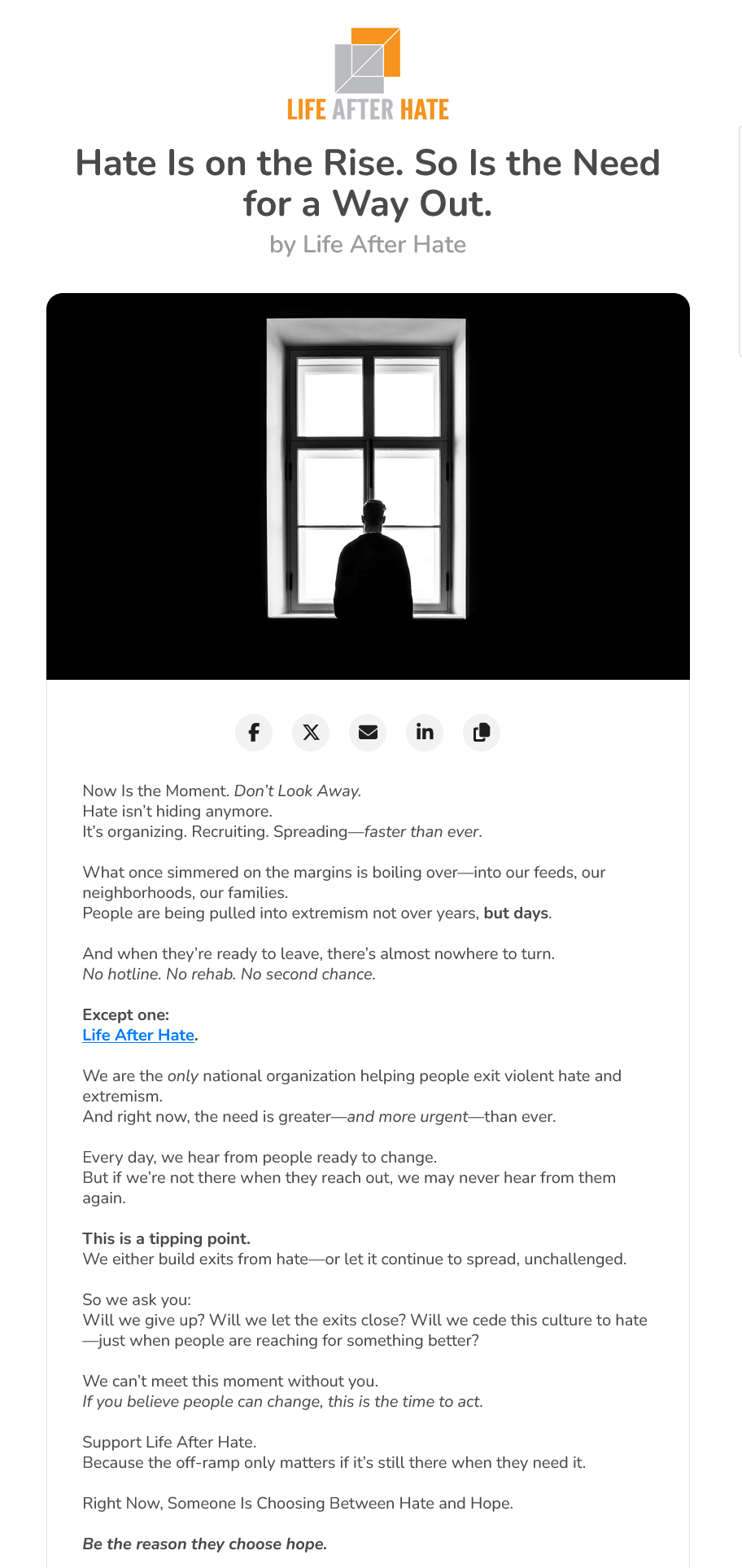 Life After Hate donation page headed Hate Is on the Rise. So Is the Need for a Way Out, with an anonymous silhouette at a window.