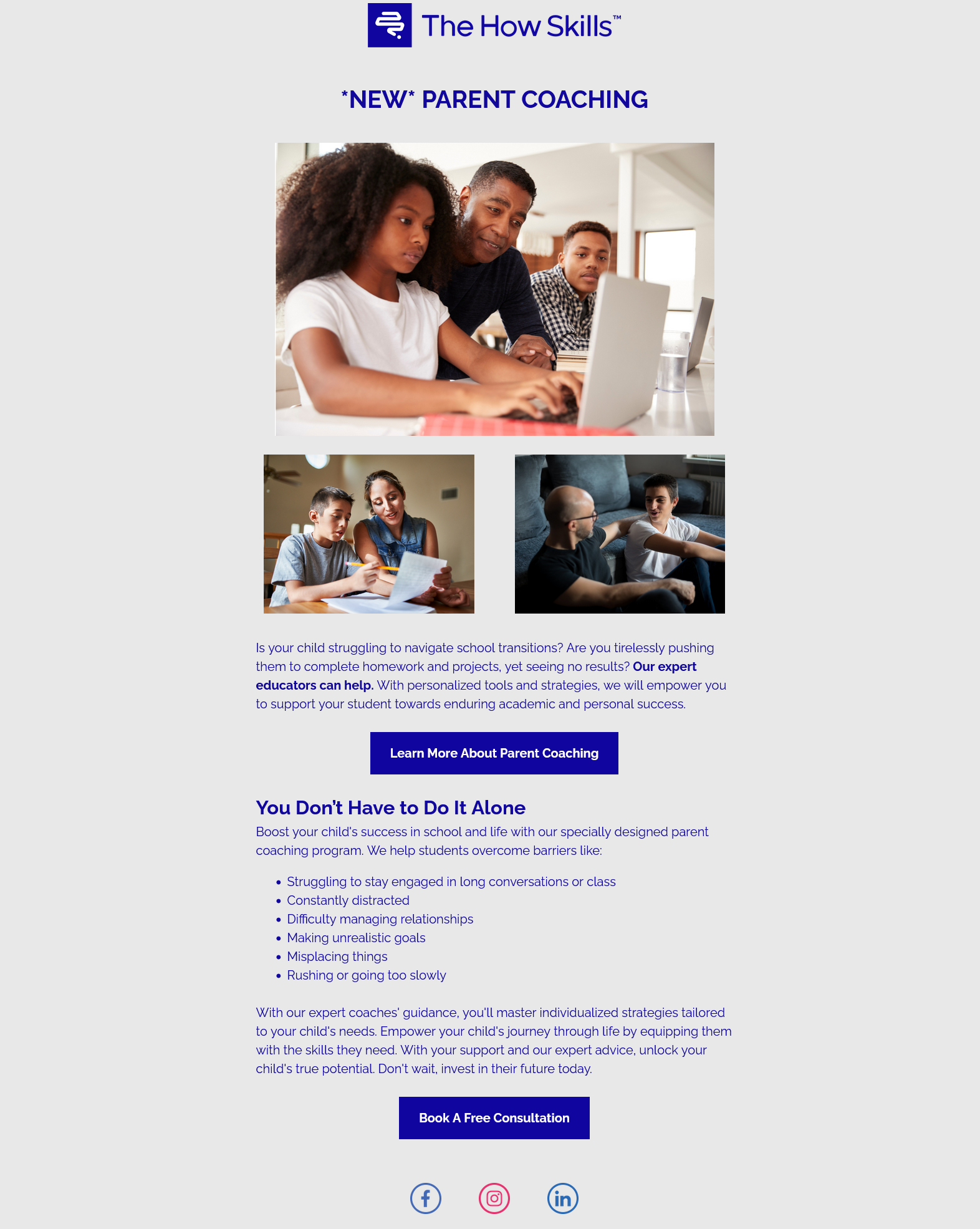 The How Skills parent coaching announcement with family photographs and consultation invitations.