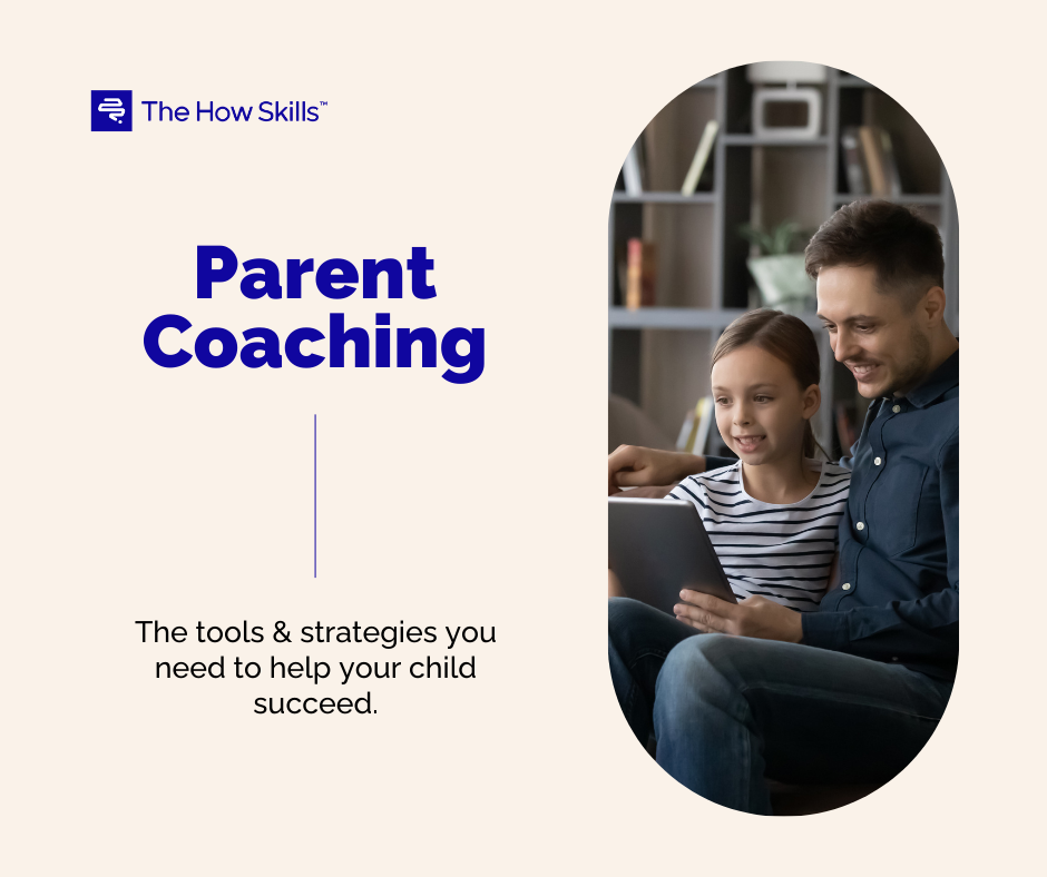 The How Skills Parent Coaching graphic with a father and child looking at a tablet.