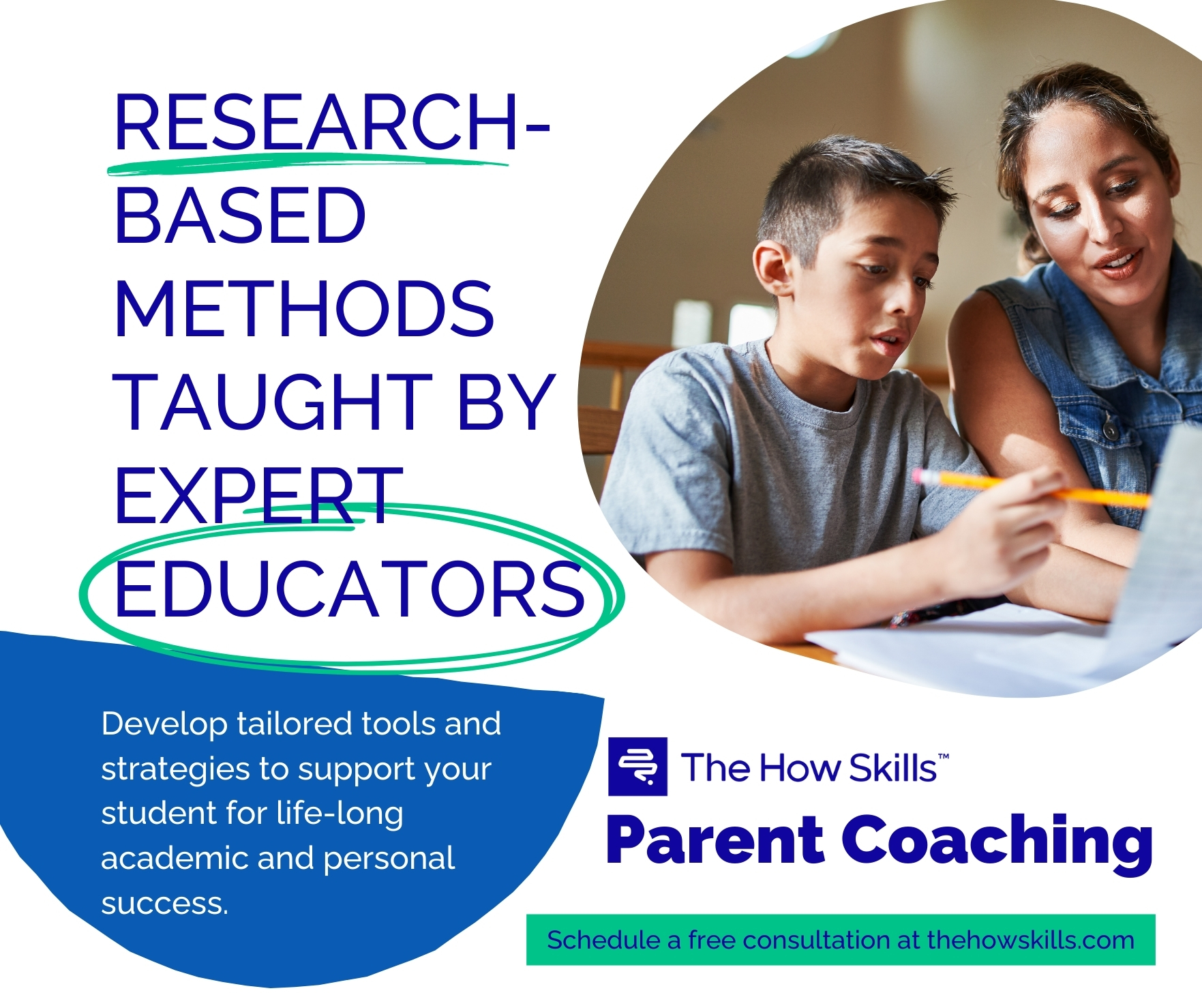 Parent Coaching graphic with research-based methods taught by expert educators and a parent helping a child.