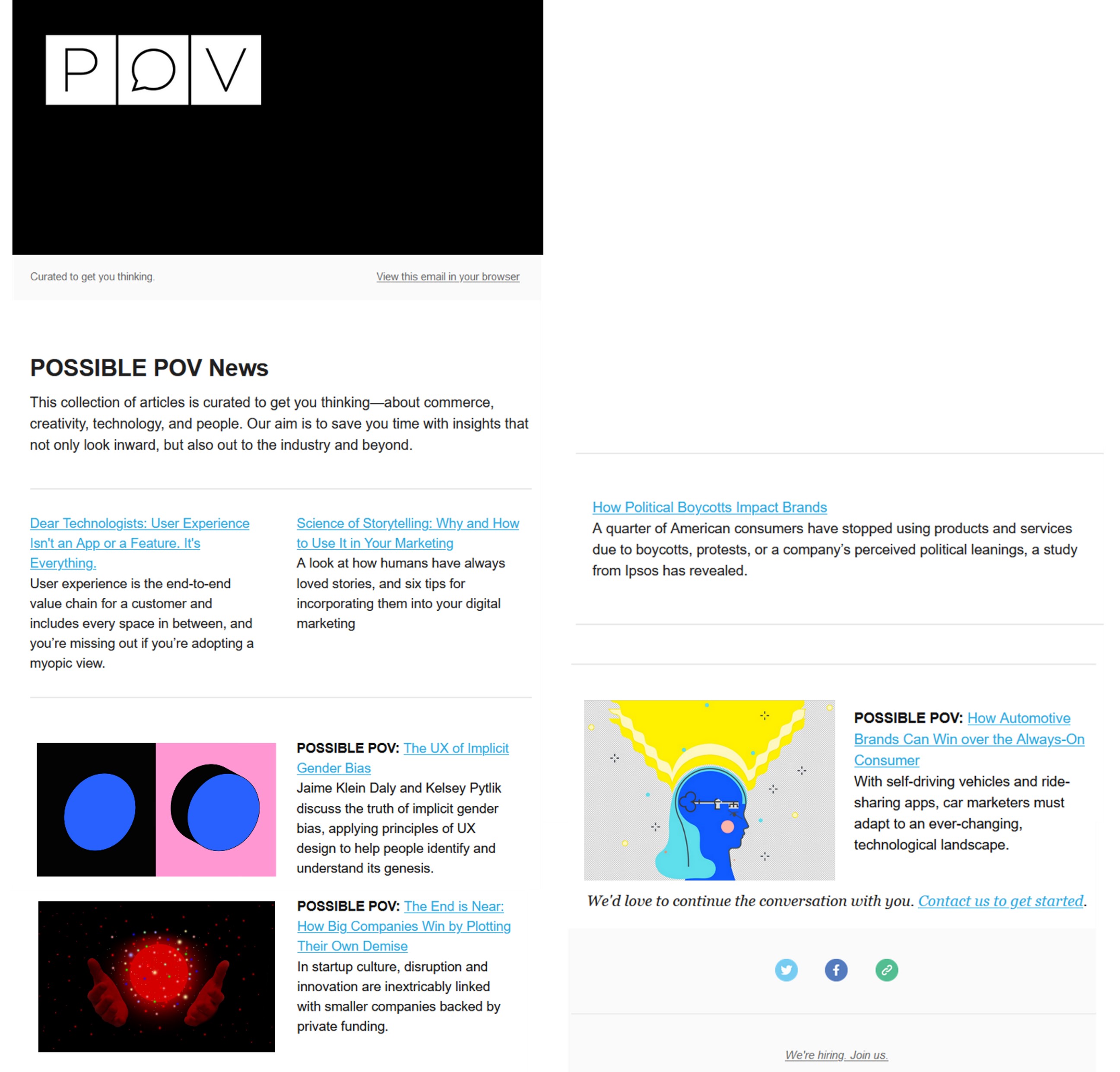 POSSIBLE POV News email with curated articles about commerce, creativity, technology and people.