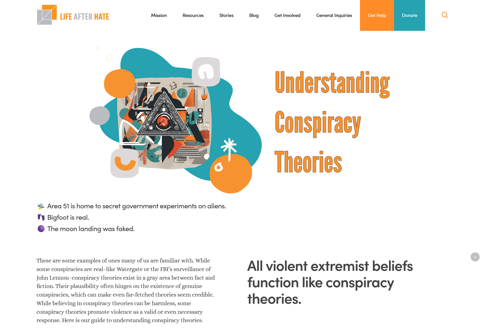 Life After Hate guide to understanding conspiracy theories, with an illustrated opening and introductory examples.