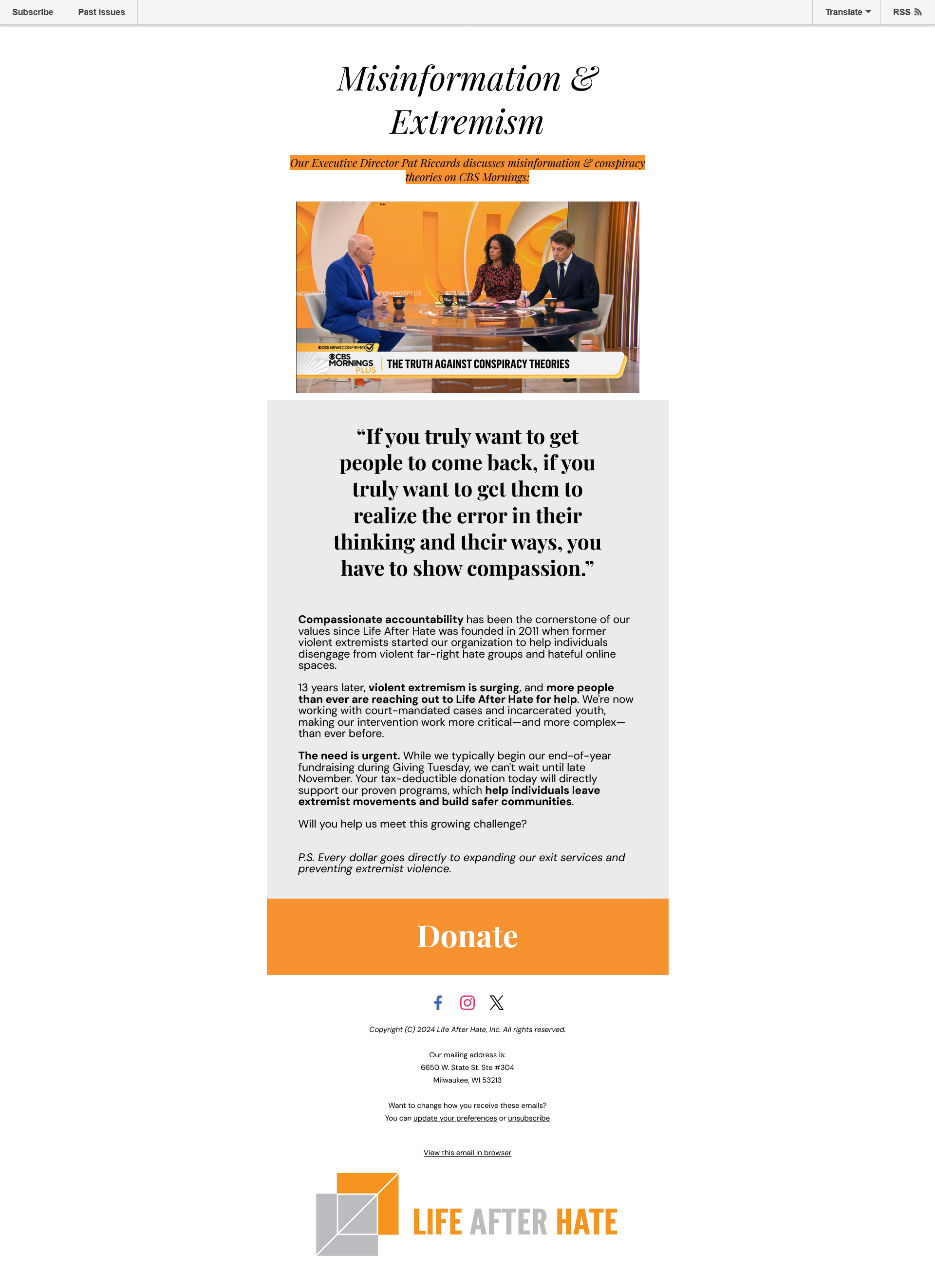 Life After Hate fundraising email featuring a CBS Mornings appearance, a compassion quote and a Donate invitation.