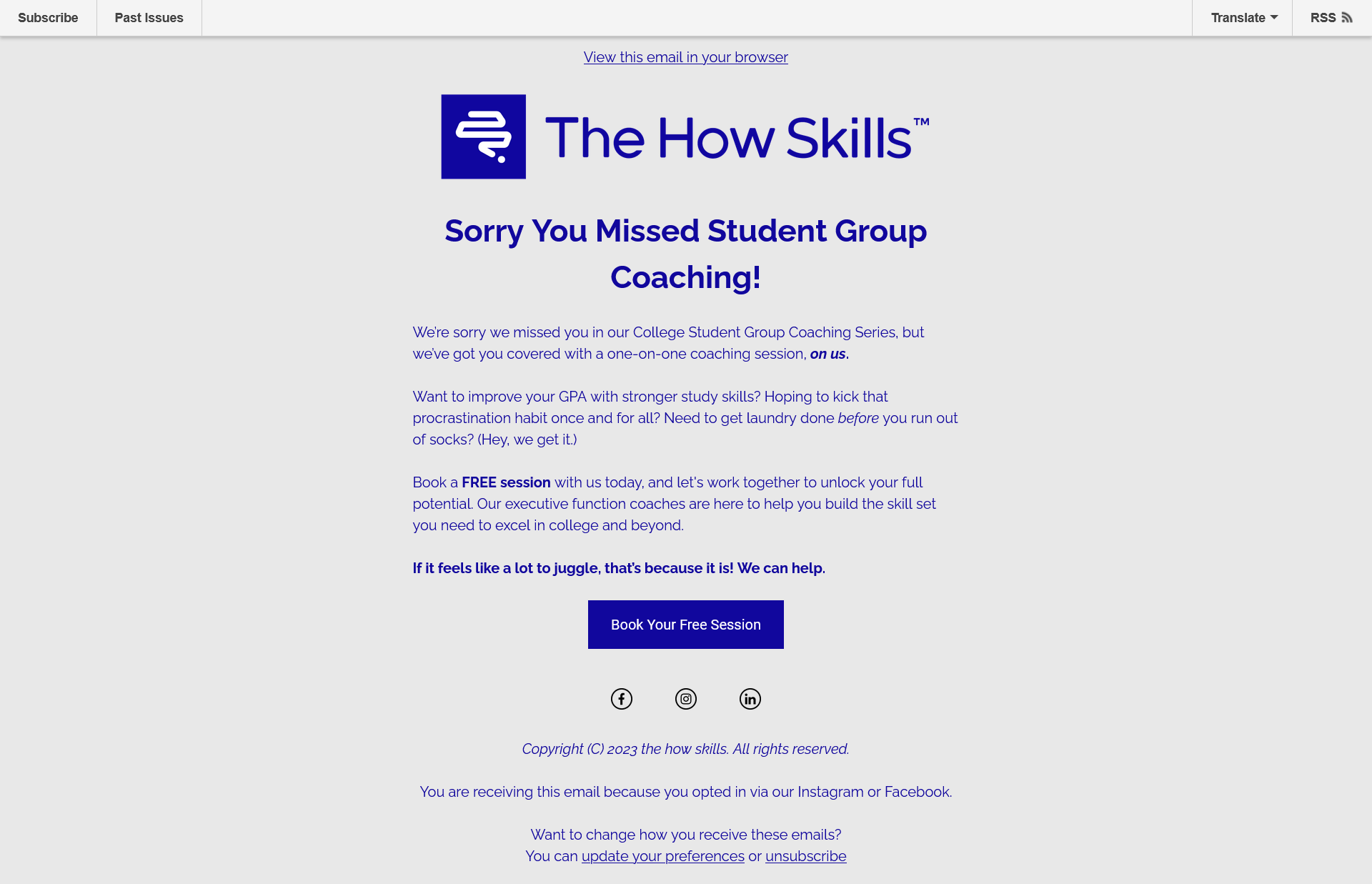 The How Skills follow-up email offering a free one-on-one session after missed student group coaching.