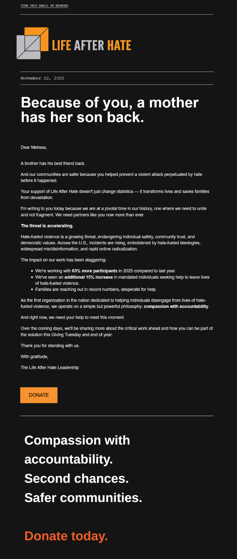 Life After Hate original campaign email: Because of you, a mother has her son back